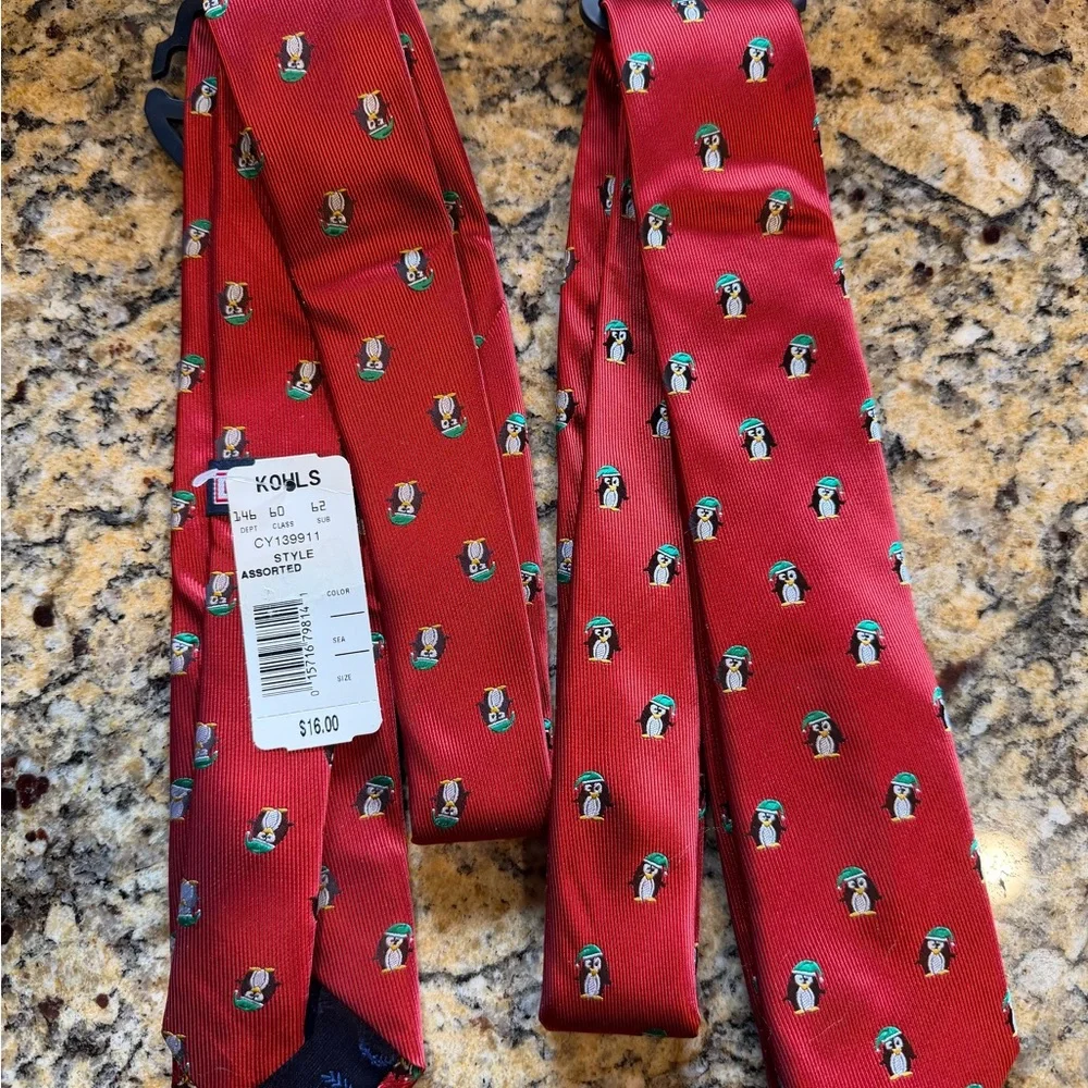 Chaps Red Tie with Penguin Pattern